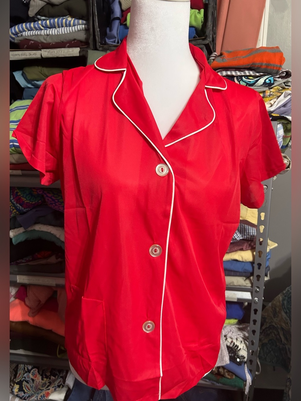 Gaymode JCPenney Women's Red Satin Short-Sleeve Pajama Top Size Small